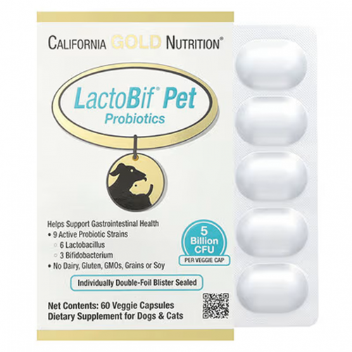 California Gold Nutrition, LactoBif® 반려동물 프로바이오틱, 50억 CFU, 베지 캡슐 60정